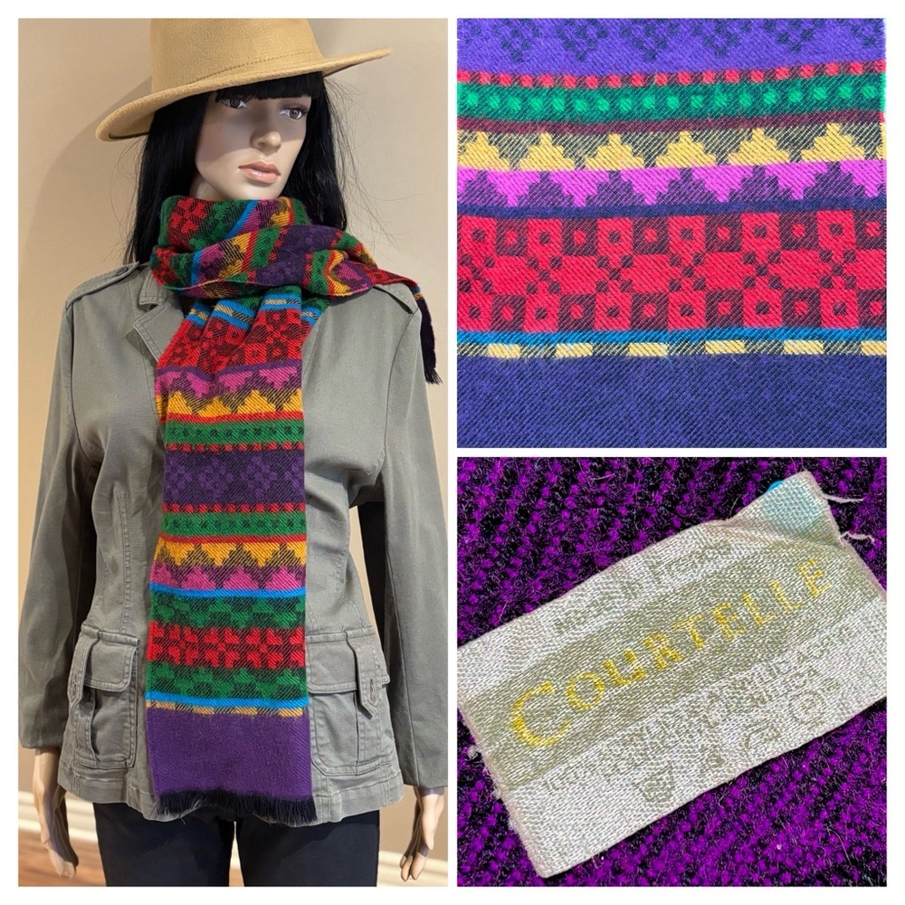 Vtg Courtelle Acrylic Multi-Color Fair Isle Geometric Scarf Boho Retro